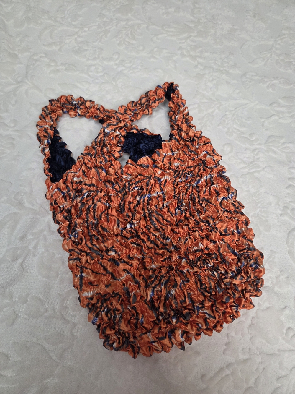 Vintage Style Expandable Popcorn Texture Tote Bag Orange Blue Reversible